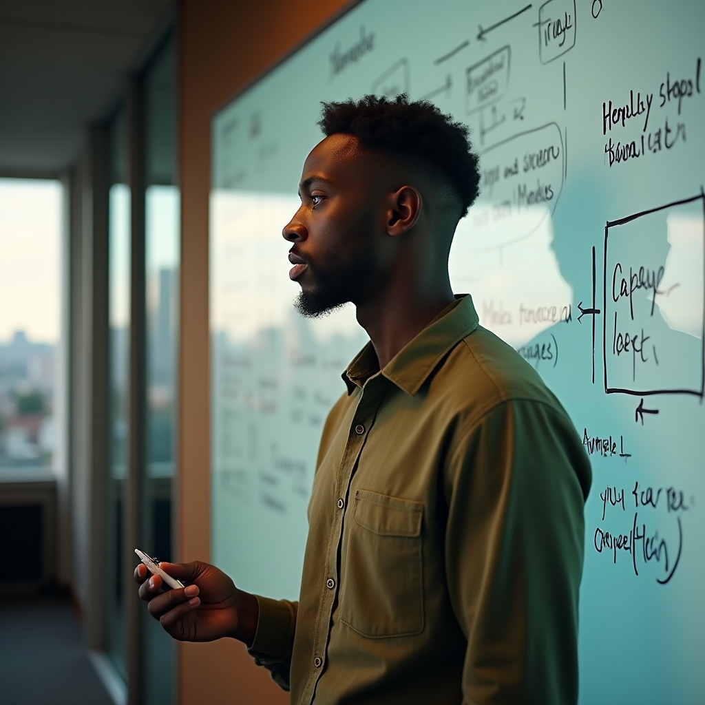 Osoba analizująca postęp projektu na tablicy